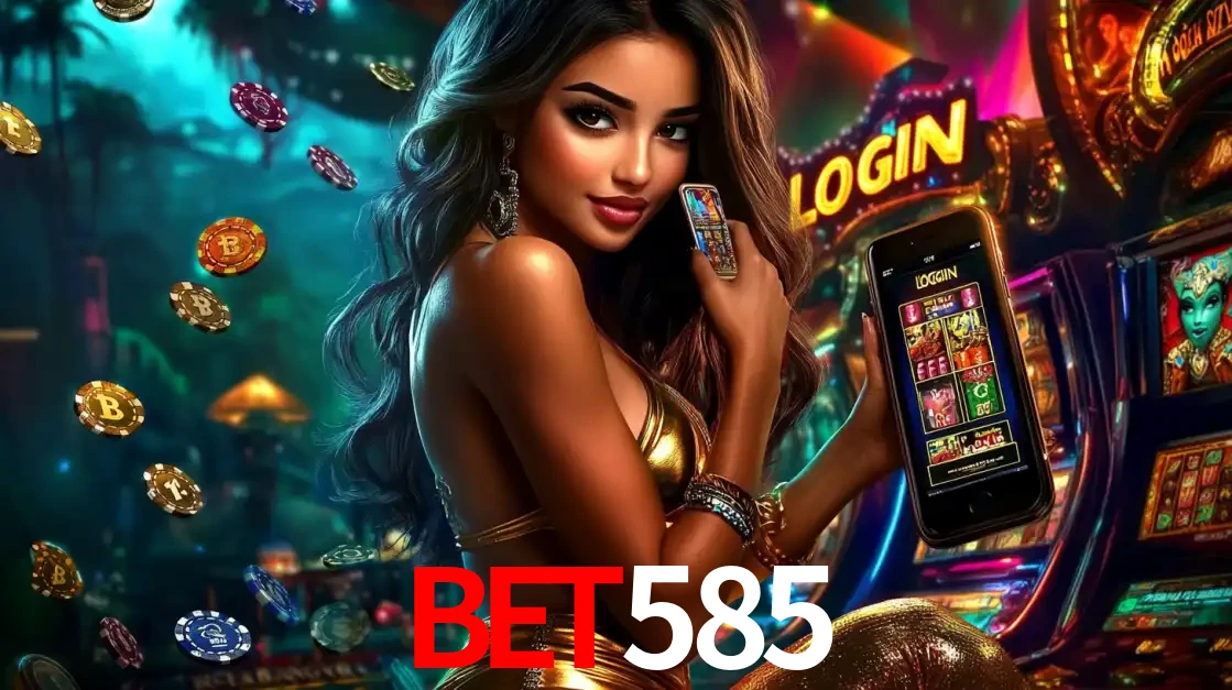 Mulher em um cenário de cassino temático de aventura, mostrando o app de caça-níqueis da BET585 no celular. Fichas de apostas flutuam ao redor.